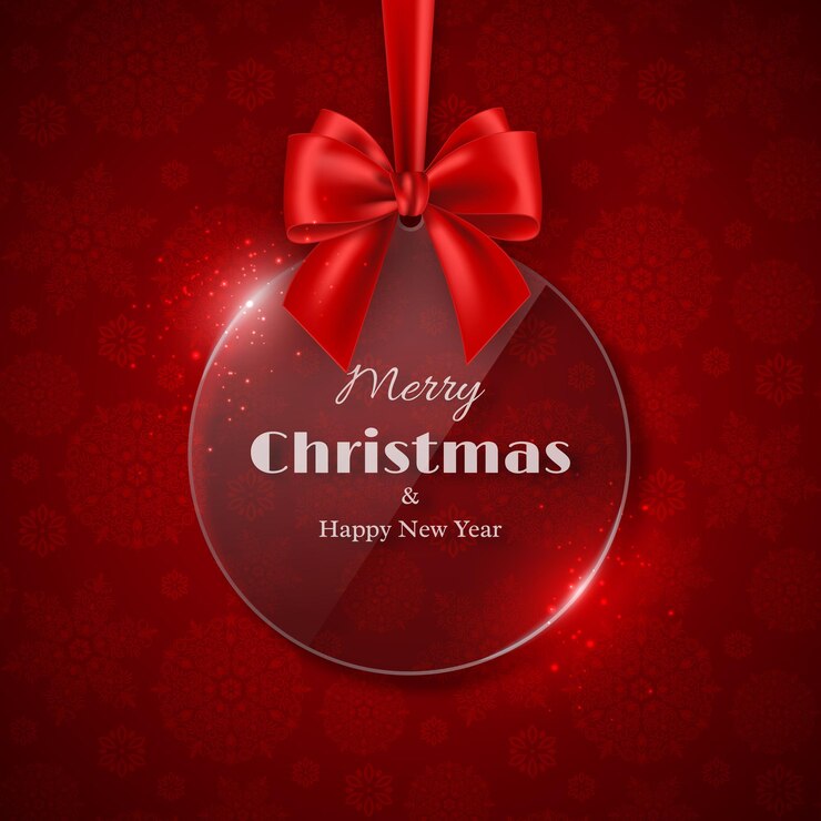 Buon Natale e felice anno nuovo design per le vacanze. Pallina di Natale trasparente lucida con fiocco, sfondo rosso, motivo fiocco di neve. Illustrazione vettoriale.