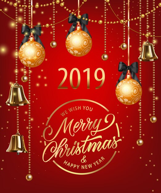 Buon Natale lettering con palline, ghirlande e campane