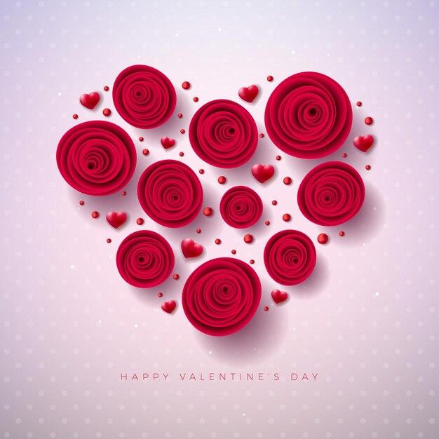 Buon San Valentino Design con fiori di rose a forma di cuore e lettera di tipografia della grafia
