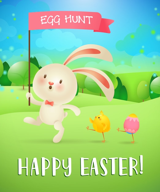 Buona Pasqua, lettering caccia alle uova, coniglietto, pulcino, uovo, paesaggio