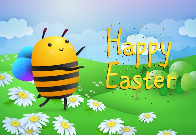 Buona Pasqua lettering e ape sul prato con i fiori