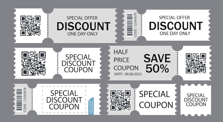 Vettore gratuito buono sconto vettoriale a metà prezzo offerta codice promozionale buono regalo e modello coupon