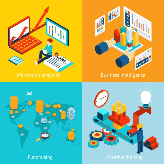 Business intelligence e analisi delle informazioni, raccolta fondi e pensiero creativo. Rapporto grafico grafico web dati infografici statistica finanza, illustrazione vettoriale