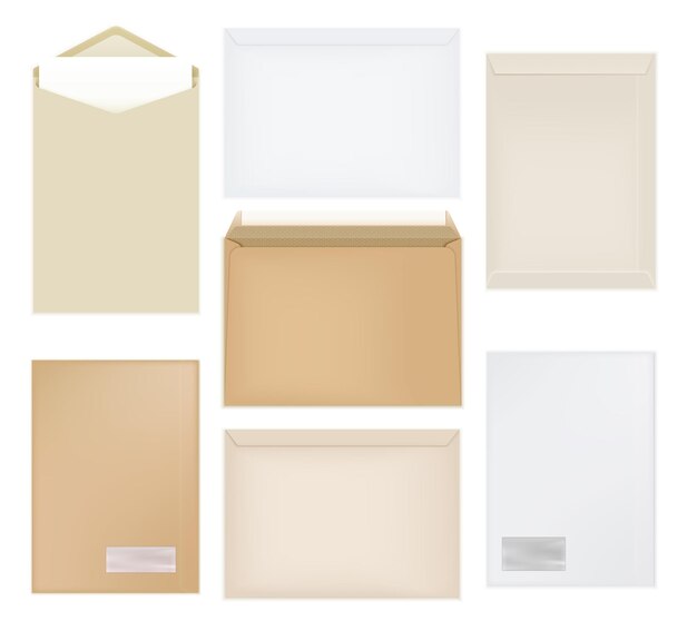 Buste set realistico di articoli di carta bianca e marrone formato a4 isolato su sfondo bianco illustrazione vettoriale