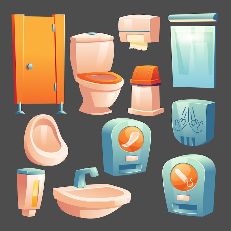 Vettore gratuito cabina per toilette pubblica, ciotola in ceramica e orinatoio, contenitore con sapone liquido, cestino e salviette di carta, automatismo con assorbenti igienici e tamponi donna, asciugamani, specchio insieme di vettore del fumetto