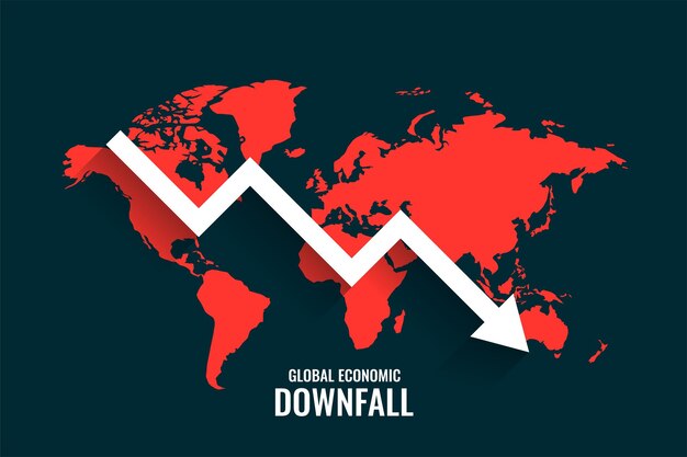 Caduta del business globale con freccia che cade e mappa del mondo