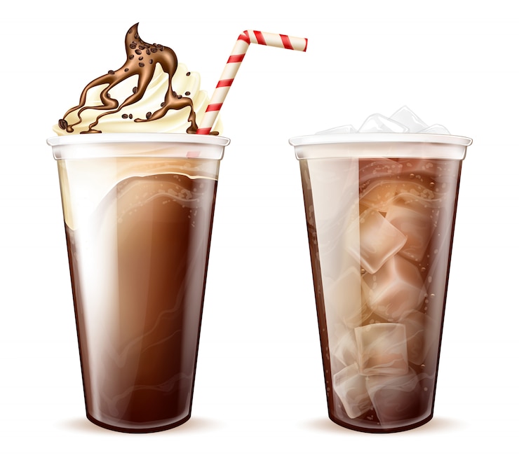 Vettore gratuito caffè frappe, cola con cubetti di ghiaccio in bicchieri di plastica