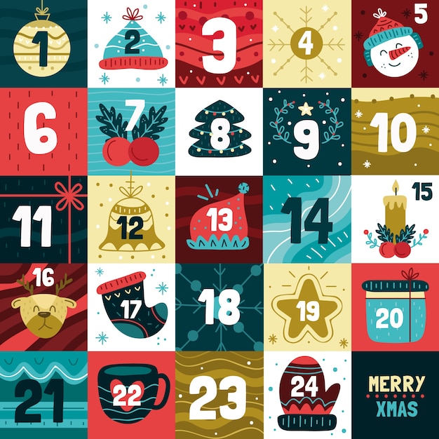 Calendario dell'avvento disegnato a mano festivo