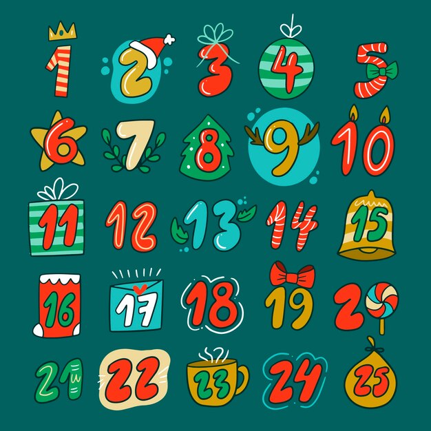 Calendario dell'avvento festivo disegnato a mano