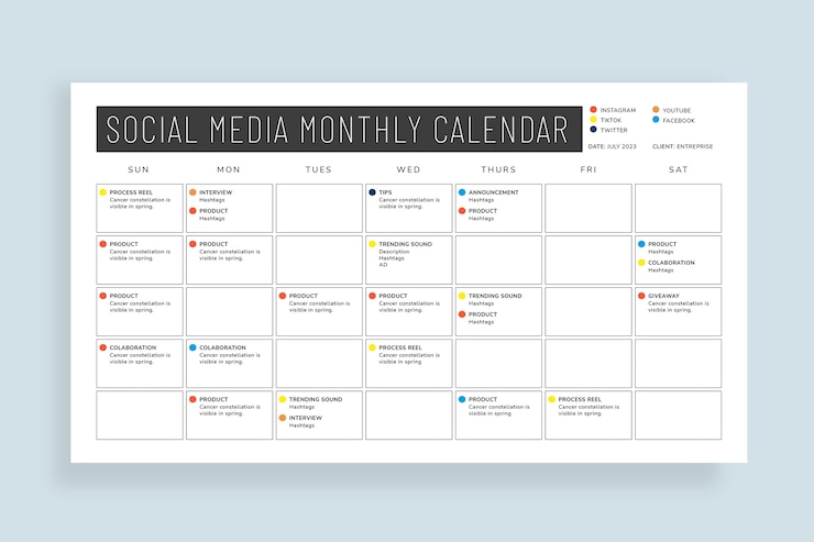 Vettore gratuito calendario editoriale mensile minimalista sui social media