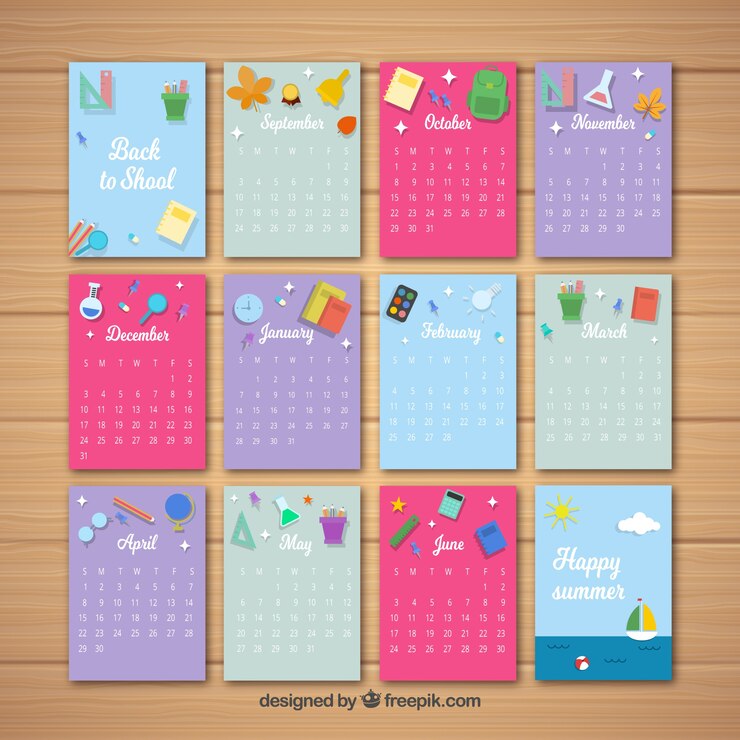 Vettore gratuito calendario mensile scolastico con stile colorato