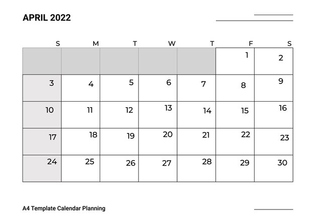 Calendario modello A4 Pianificazione aprile