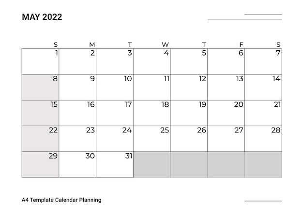 Calendario modello A4 Pianificazione maggio