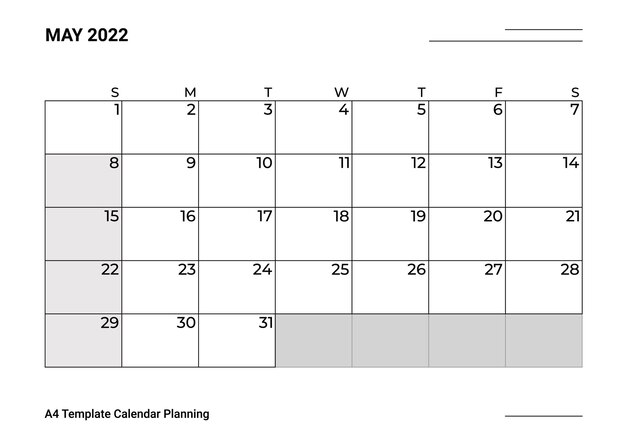 Calendario modello A4 Pianificazione maggio