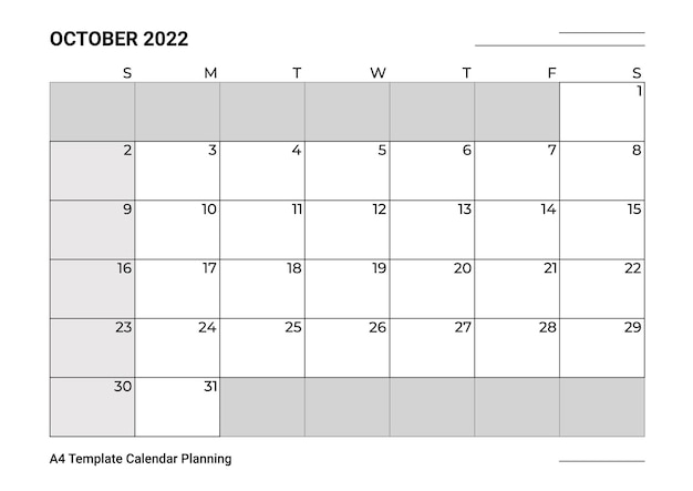 Calendario modello A4 Pianificazione ottobre