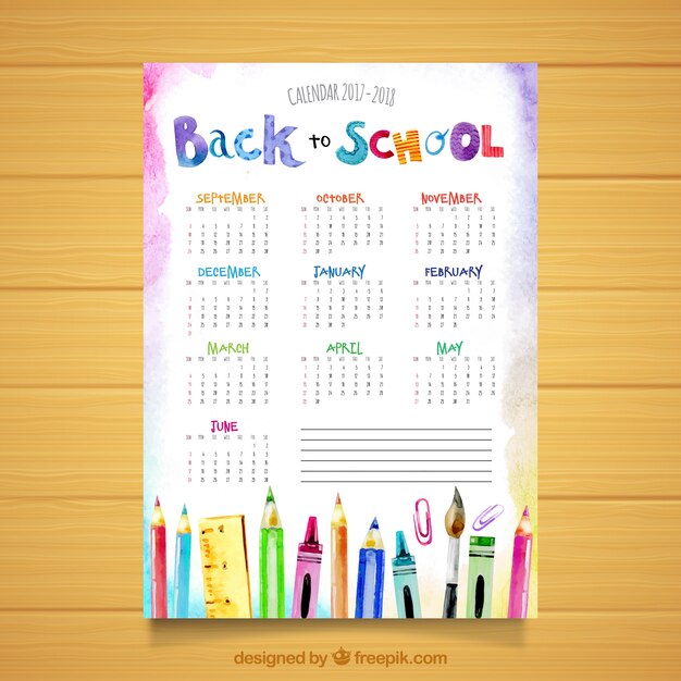 Calendario scolastico acquerello con materiali