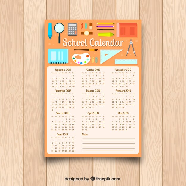 Calendario scolastico con materiali in design piatto
