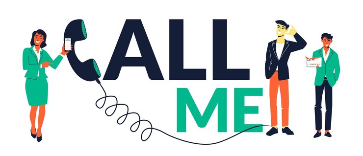 Vettore gratuito call me phone flat concept big sign e tre belle persone che si offrono di chiamarle illustrazione vettoriale
