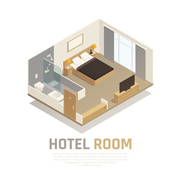 Camera d'albergo con televisione mobili chiari e zona bagno con composizione isometrica doccia e servizi igienici