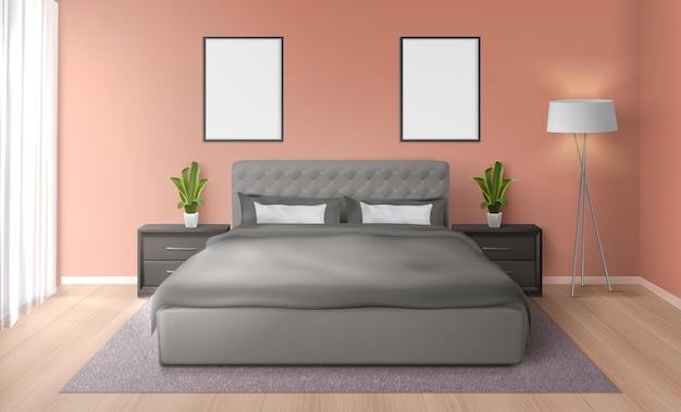 Camera da letto realistica con dettagli rosa