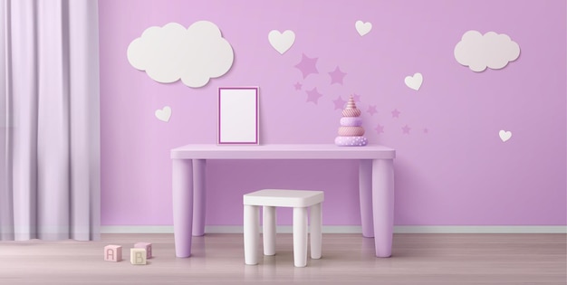 Camera per bambini con tavolo per bambini, sedia, poster bianco e nuvole sul muro