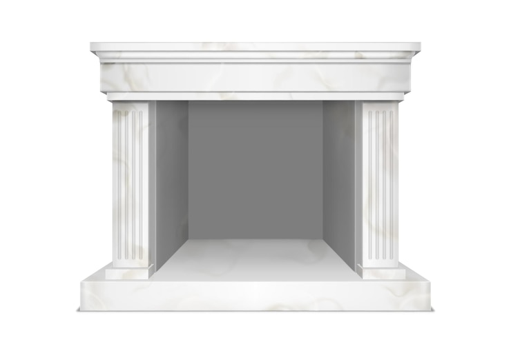 Vettore gratuito camino in marmo bianco per interni di casa in stile classico. illustrazione vettoriale realistica del focolare in cornice di pietra con pilastri e caminetto vuoto isolati su sfondo bianco