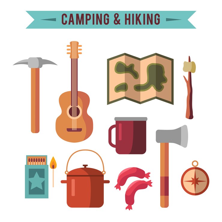 Vettore gratuito campeggio set piatto con attrezzature da trekking e icone di cottura all'aperto