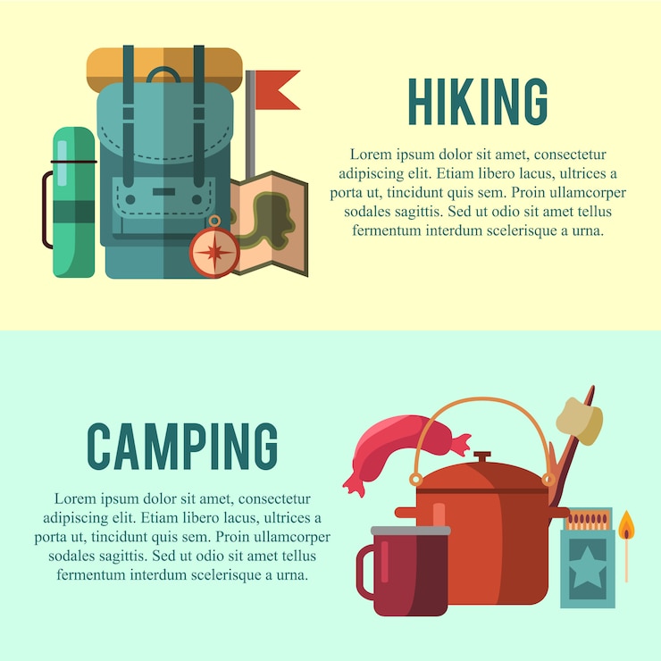 Vettore gratuito campeggio set piatto con attrezzature da trekking e icone di cottura all'aperto