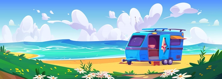 Vettore gratuito camper trailer sulla spiaggia di mare sabbiosa