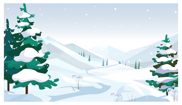 Campi invernali con illustrazione di caduta della neve
