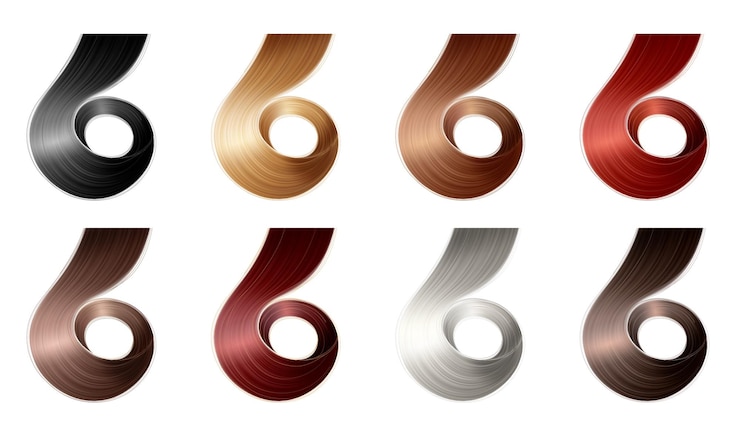 Vettore gratuito campioni di colore dei capelli realistici impostati con bobine simili isolate dipinte in colori diversi su sfondo bianco illustrazione vettoriale