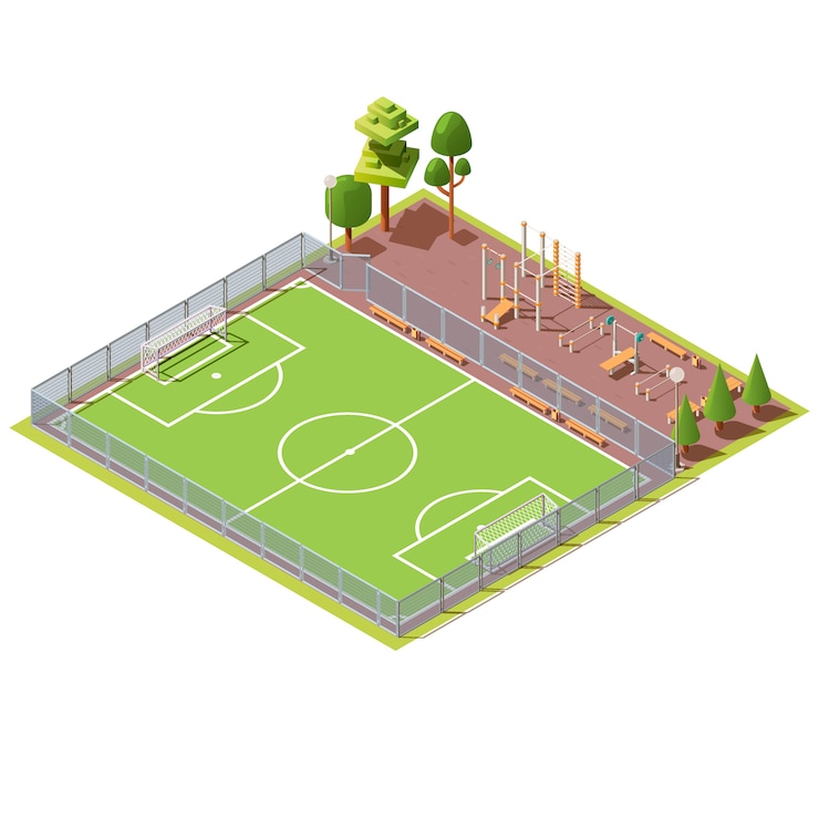 Vettore gratuito campo di calcio isometrico con area di allenamento