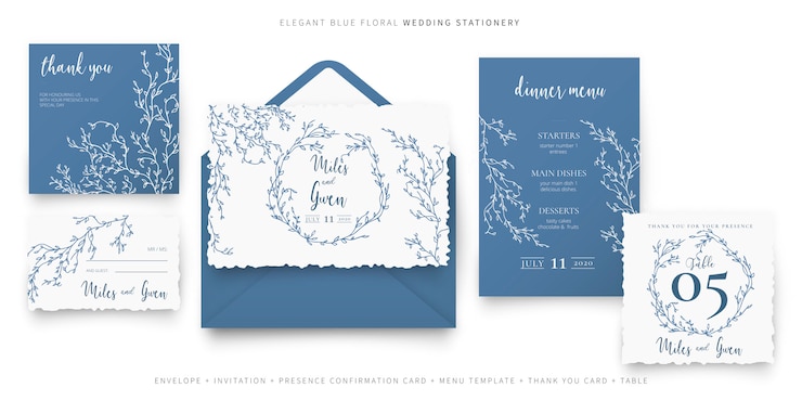 Vettore gratuito cancelleria per matrimoni floreale blu elegante