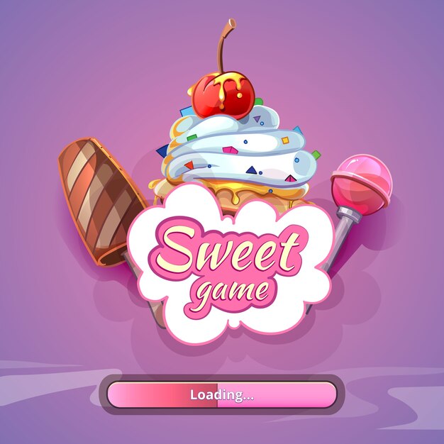 Candy world game con il nome del titolo. Dolce arte di design, fantastico lecca-lecca