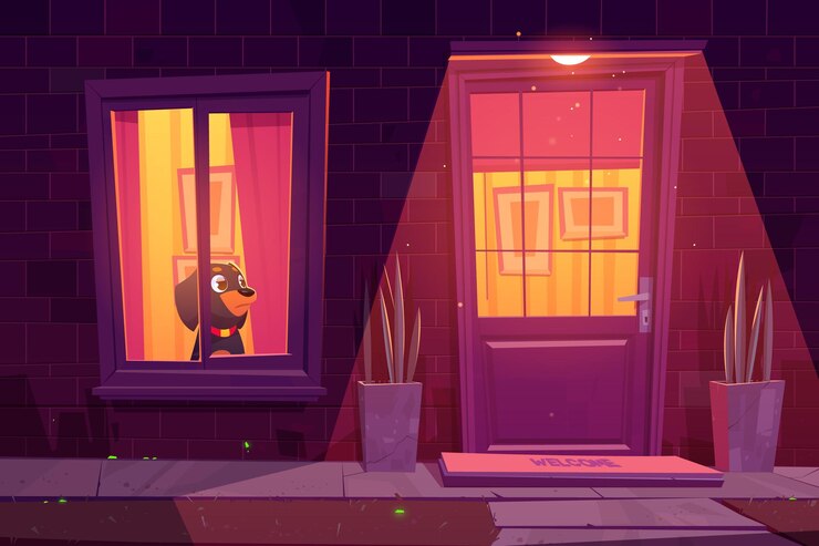Vettore gratuito cane in attesa dalla finestra in casa di notte triste cucciolo di rottweiler stare da solo a casa fumetto illustrazione della facciata di edificio residenziale con piante di porta finestra muro di mattoni e lampada esterna