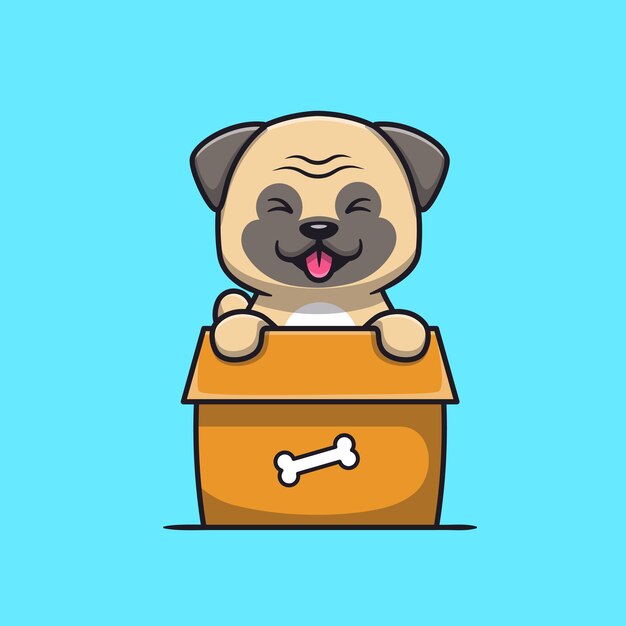 Cane sveglio del Pug che gioca nel fumetto della scatola