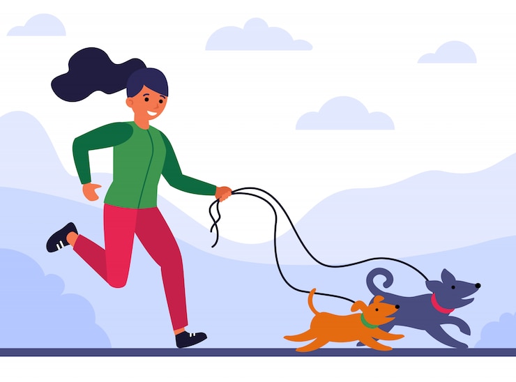Vettore gratuito cani da corsa e camminare della giovane donna