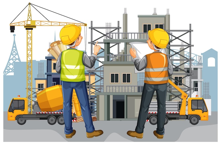 Vettore gratuito cantiere della casa con i lavoratori