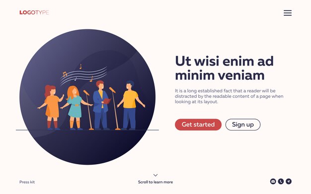 Canzone di canto del coro dei bambini nell'illustrazione piana della chiesa. Pagina di destinazione o modello web