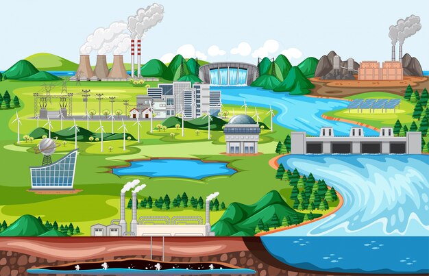 Capannone industriale con scena di paesaggio lato fiume in stile cartone animato