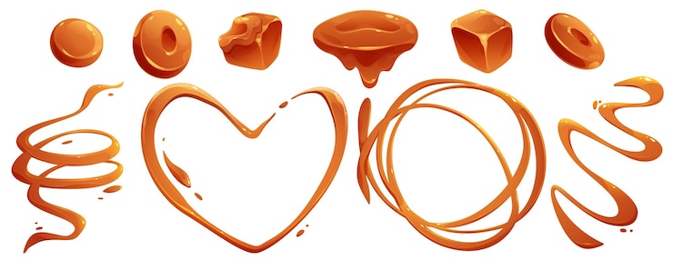 Vettore gratuito caramelle al caramello e schizzi di caramello liquido