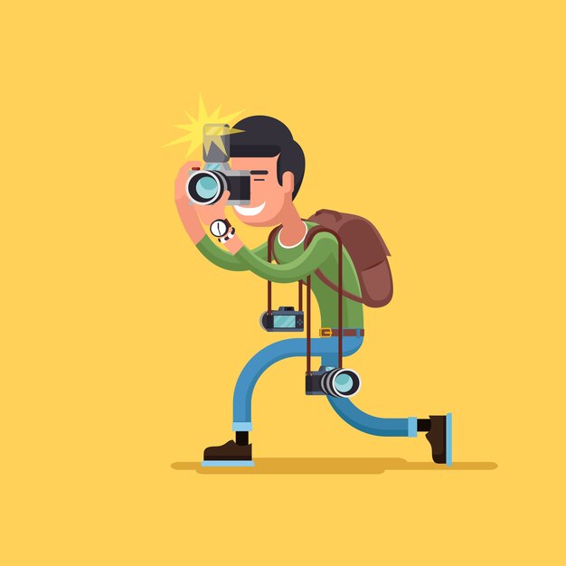 Carattere del fotografo di vettore. Macchina fotografica e operatore professionale, illustrazione dell'uomo corrispondente