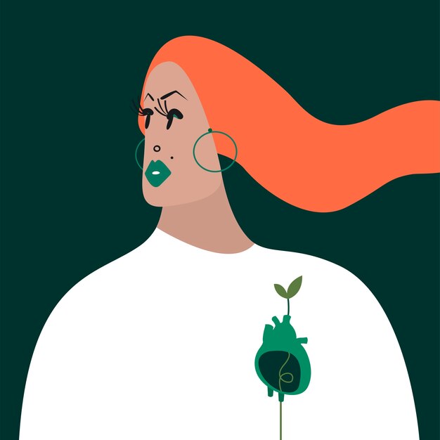 Carattere della donna dello zenzero con un&#39;illustrazione verde del cuore