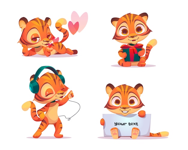 Carattere di tigre bambino carino in diverse pose. Insieme di vettore del bot di chat del fumetto, gattino divertente flirta, ascolta la musica in cuffia, che tiene la confezione regalo e la bandiera bianca Set emoji creativo, mascotte animale