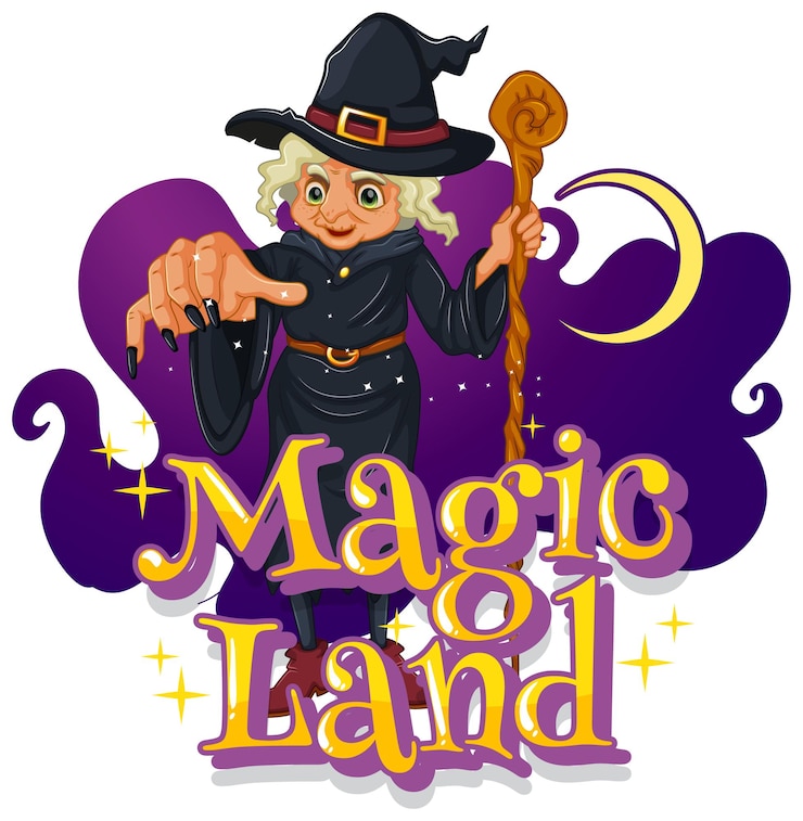 Vettore gratuito carattere magic land con un personaggio dei cartoni animati di una strega