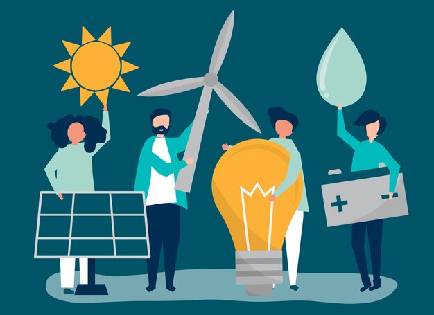 Caratteri di persone in possesso di icone di energia verde