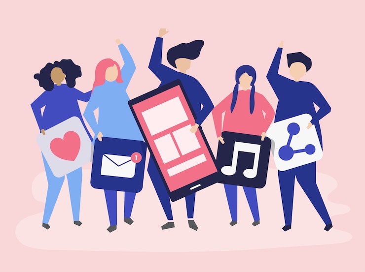 Vettore gratuito caratteri di persone in possesso di icone di social networking