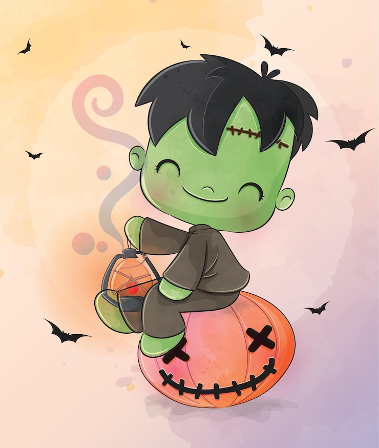 Vettore gratuito carino animale piccolo frankenstein bambini con zucca illustrazione - carino animale acquerello bambini