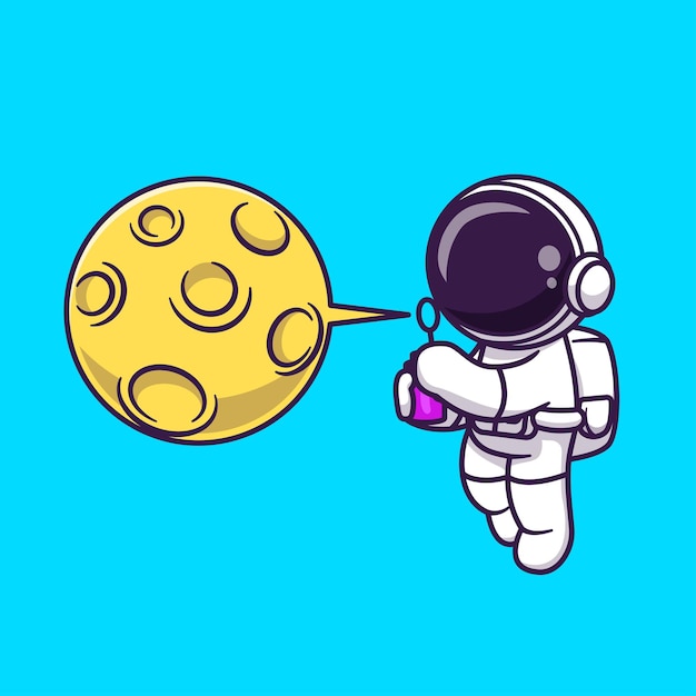 Carino astronauta che soffia luna bolla palloncino fumetto icona vettore illustrazione. Scienza Tecnologia Icona Concetto Isolato Vettore Premium. Stile cartone animato piatto