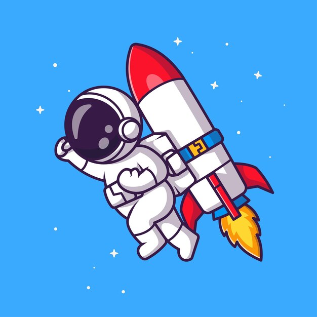 Carino astronauta che vola con un razzo nello spazio Cartoon vettore icona illustrazione. Icona della tecnologia della scienza